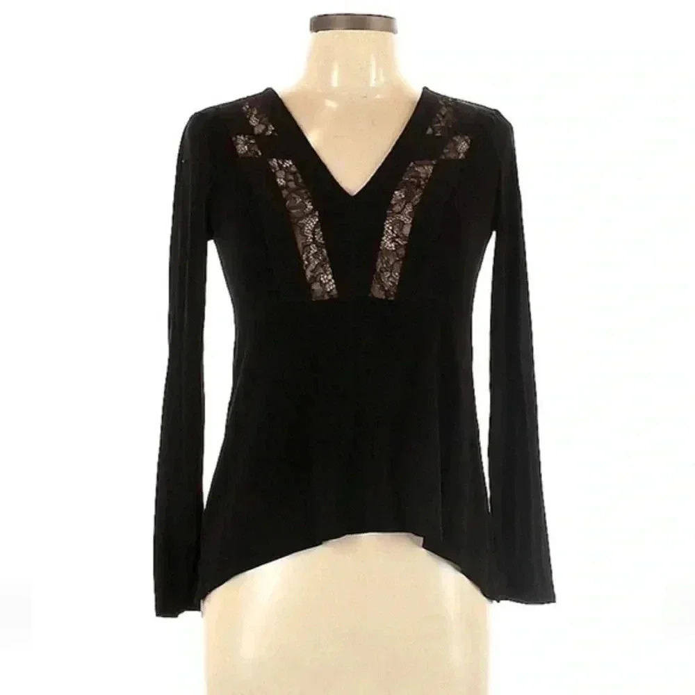 BCBGMAXAZRIA Black Long Sleeve Blouse Lace Embellishments Size XXS